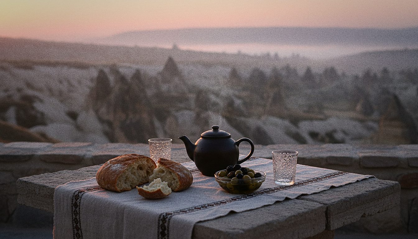 朝の石のテラスに並ぶお茶とパンのイメージ（イメージ画像）